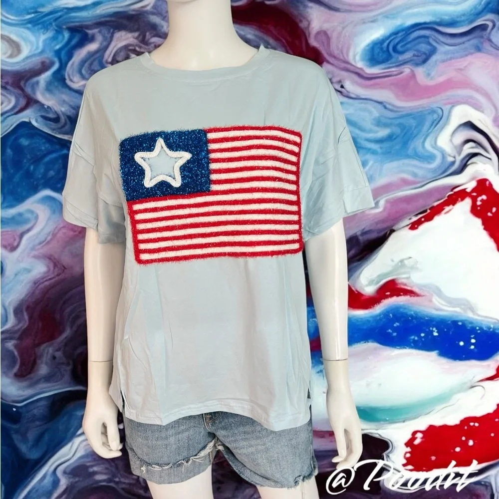 Oversized tinsel American flag tee S M L XL 2XL - Picture 4 of 8